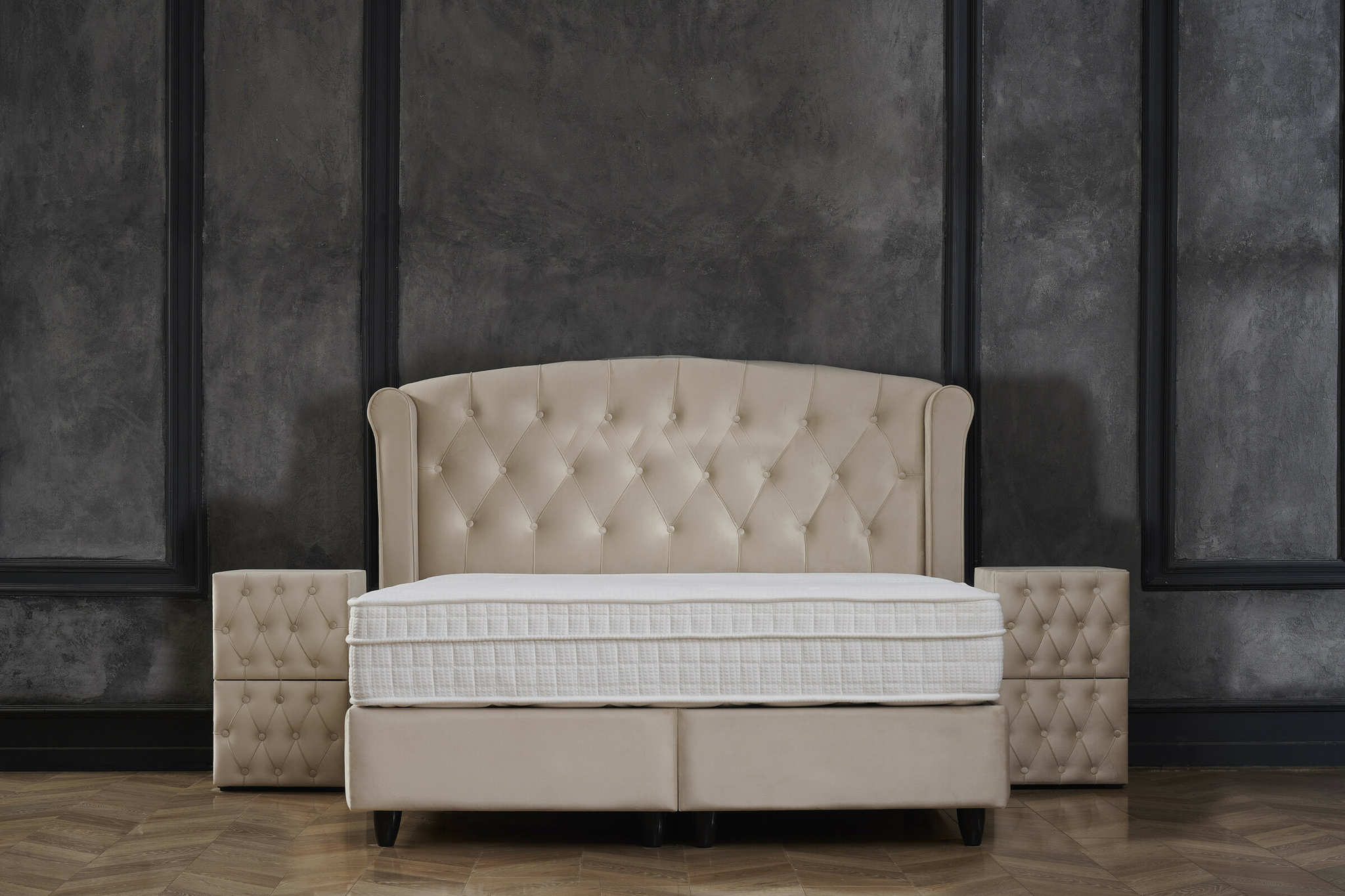 Boxspring Seenura Beige 160x200 met gestoffeerd hoofdbord, opbergbox en matras in beige fluweel