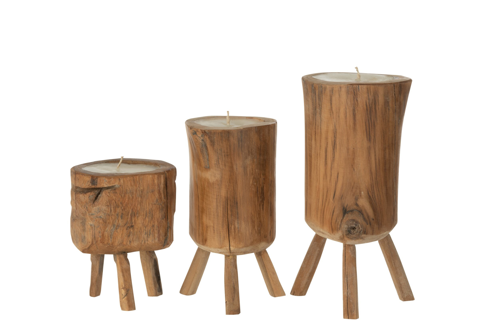 Kaars Goonum Teak Naturel set van 3 op driepoot, met rustieke houtstructuur en naturel uitstraling