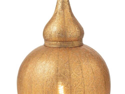 Lamp Santander Goud, gouden vloerlamp met sierlijk geperforeerd design en bolvormige voet