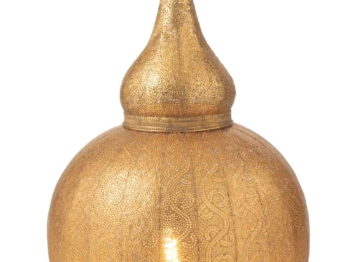 Lamp Santander Goud, gouden vloerlamp met sierlijk geperforeerd design en bolvormige voet