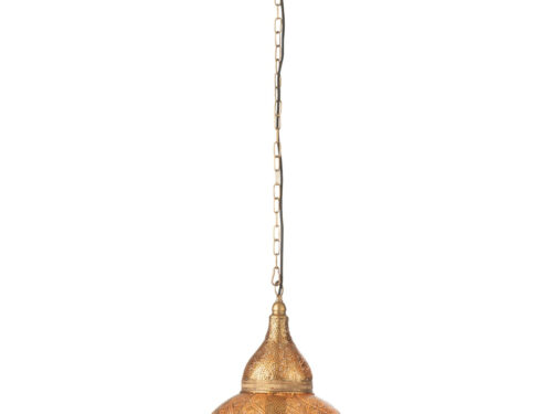 Gouden hanglamp Keillol met sierlijke geperforeerde kap en kettingophanging, compact en sfeervol
