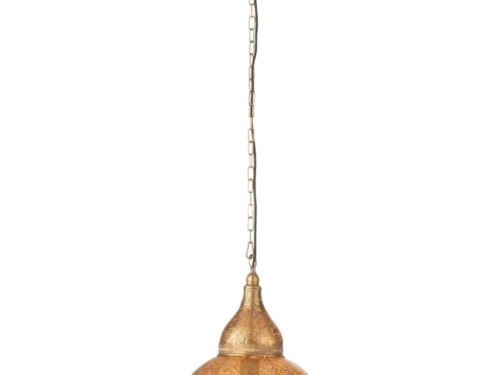 Gouden hanglamp Keillol met sierlijke geperforeerde kap en kettingophanging, compact en sfeervol