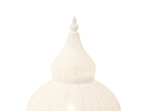 Witte Skussella lamp met decoratieve metalen structuur en snoer, compact en sfeervol voor dressoir of kast