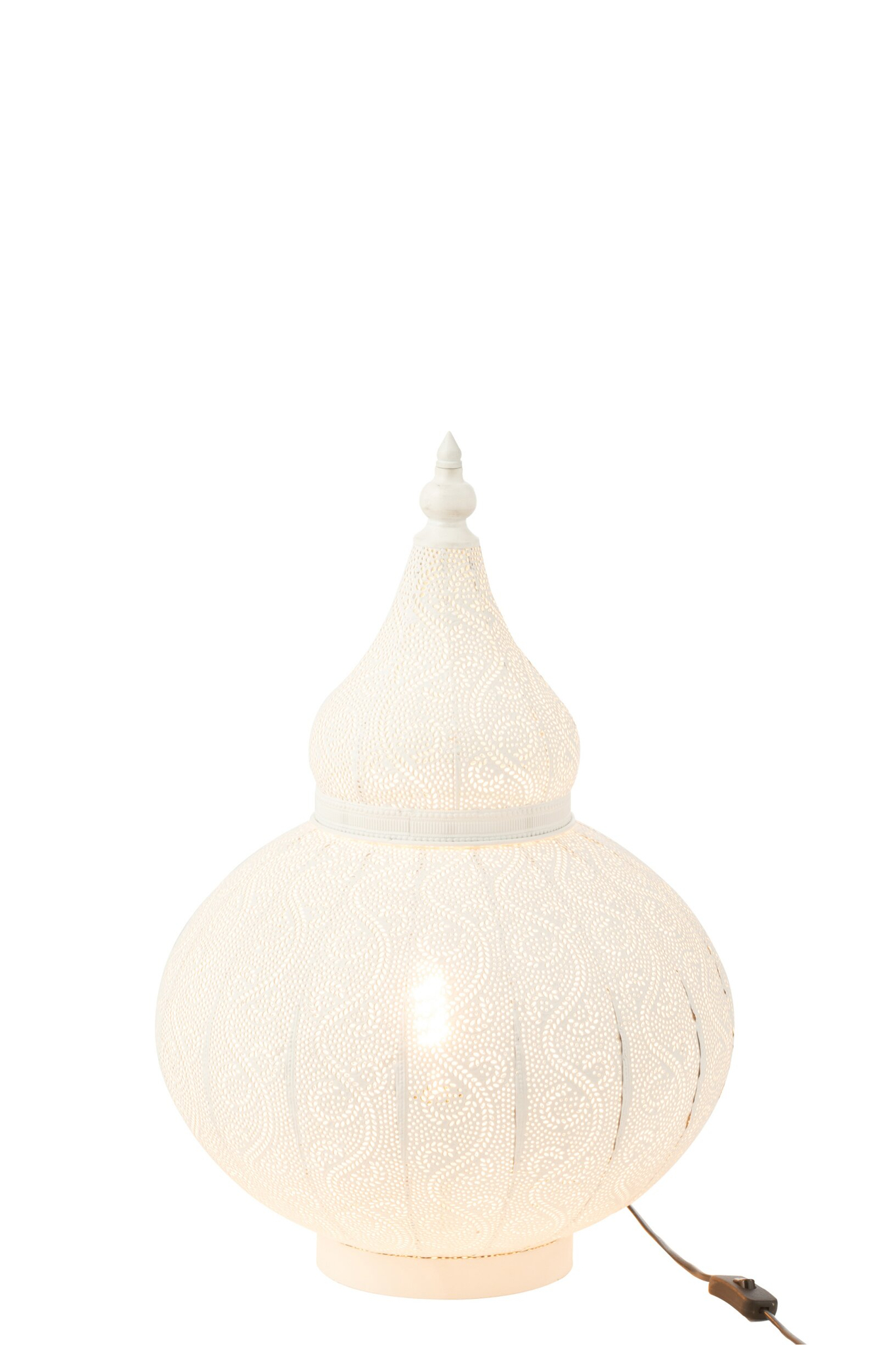 Witte Skussella lamp met decoratieve metalen structuur en snoer, compact en sfeervol voor dressoir of kast