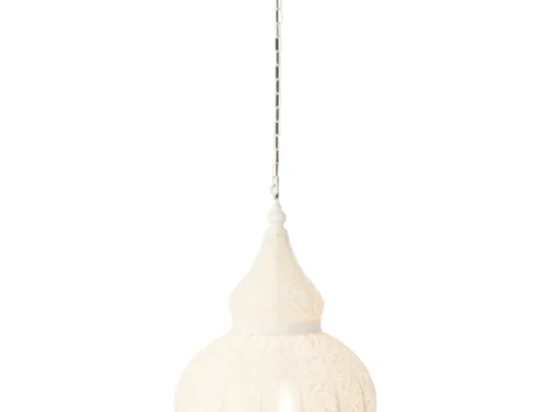 Witte hanglamp Reensun met industriële ketting en sierlijke oosterse vorm, 86 cm hoog