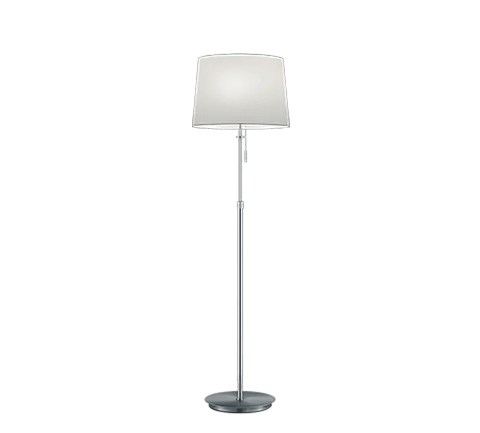 Vloerlamp Jeerano mat nikkel met witte stoffen kap, verstelbaar in hoogte tot 180 cm