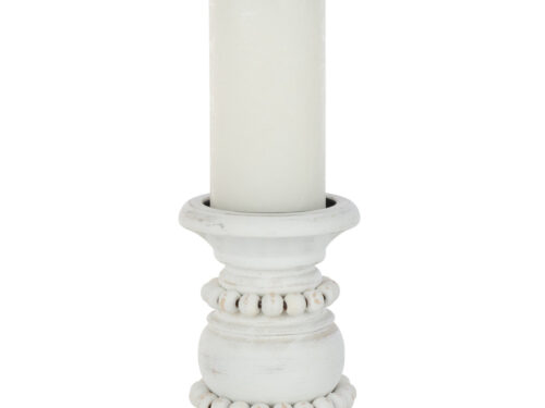Witte Kandelaar Staarrin Hout H23 cm met rustieke houten basis en decoratieve kralen