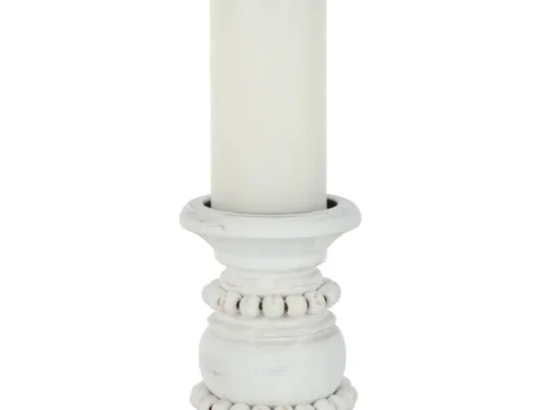 Witte Kandelaar Staarrin Hout H23 cm met rustieke houten basis en decoratieve kralen