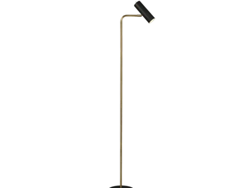 Vloerlamp Jaasor mat messing H151 cm met zwarte kap en slanke metalen voet, modern design