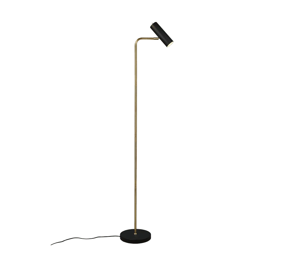 Vloerlamp Jaasor mat messing H151 cm met zwarte kap en slanke metalen voet, modern design