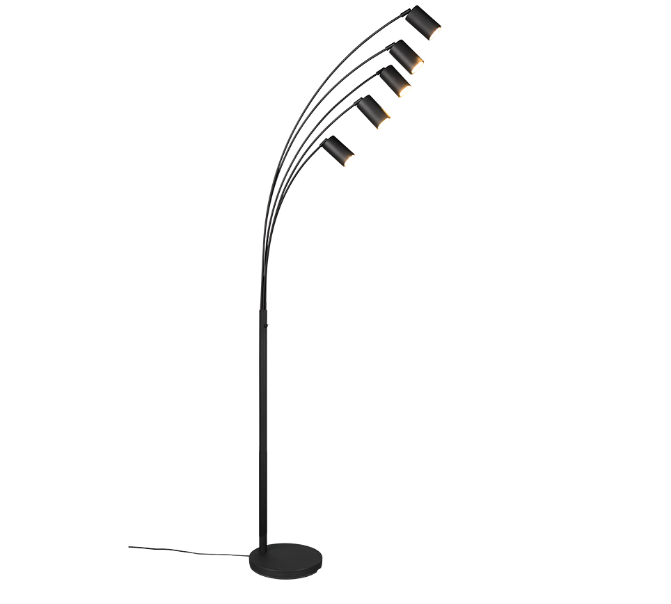 MARLEY vloerlamp mat zwart, 200 cm hoog, met vijf verstelbare GU10-spots en moderne boogvorm