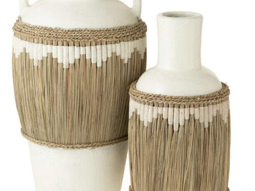 Vaas Sookan Terracotta Wit H100 cm met zeegras, speelse patronen en handvaten
