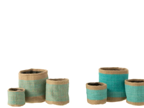 Mand Faade jute blauw set van 2, ronde opbergmanden met natuurlijke uitstraling en turquoise accenten