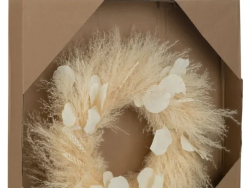 Krans Sloorrak Riet Naturel in doos, met luchtige gedroogde graspluimen en lichte crème bladeren