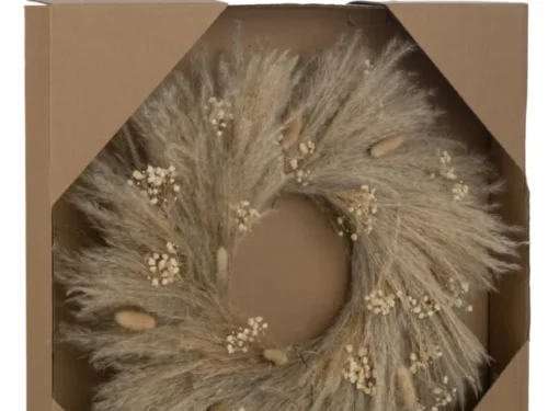 Krans Beisena Riet Naturel in doos, met zachte pluimen en natuurlijke beige tinten
