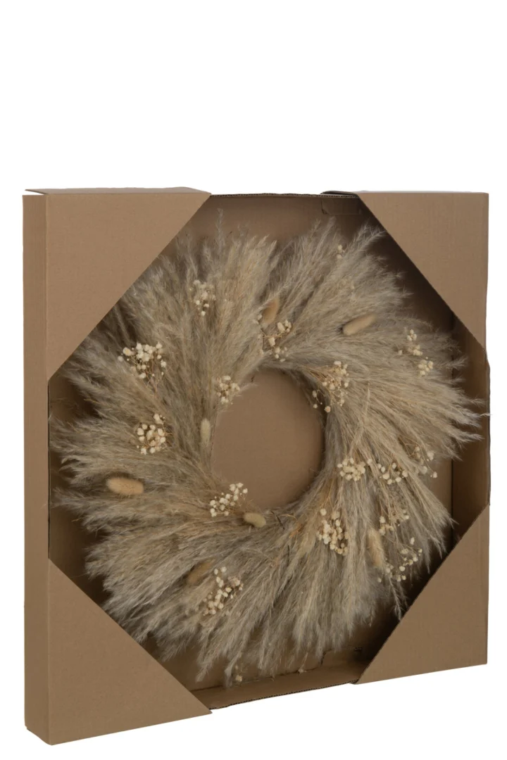 Krans Beisena Riet Naturel in doos, met zachte pluimen en natuurlijke beige tinten