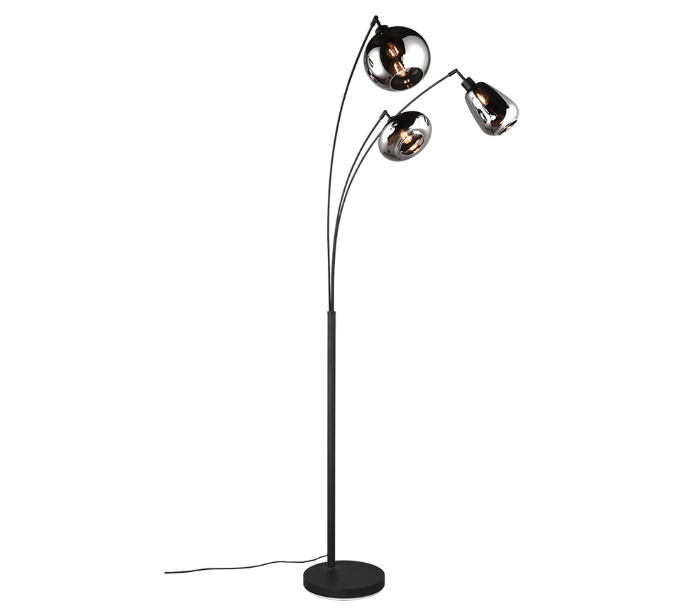 Vloerlamp Jiellone mat zwart H200 cm met 3 verchroomde glazen kappen en E14-fittingen
