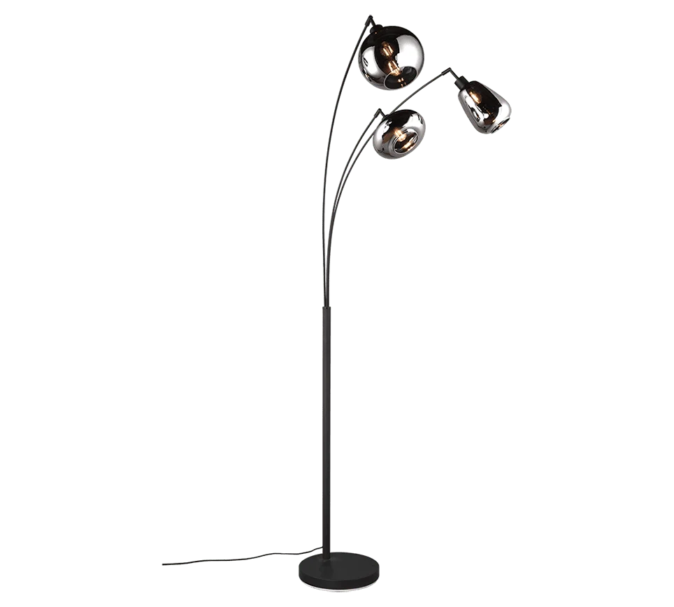 Vloerlamp Jiellone mat zwart H200 cm met 3 verchroomde glazen kappen en E14-fittingen