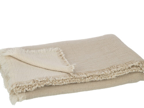 Plaid Dokura Beige van katoen met franjes, sfeervol gevouwen in naturel tint