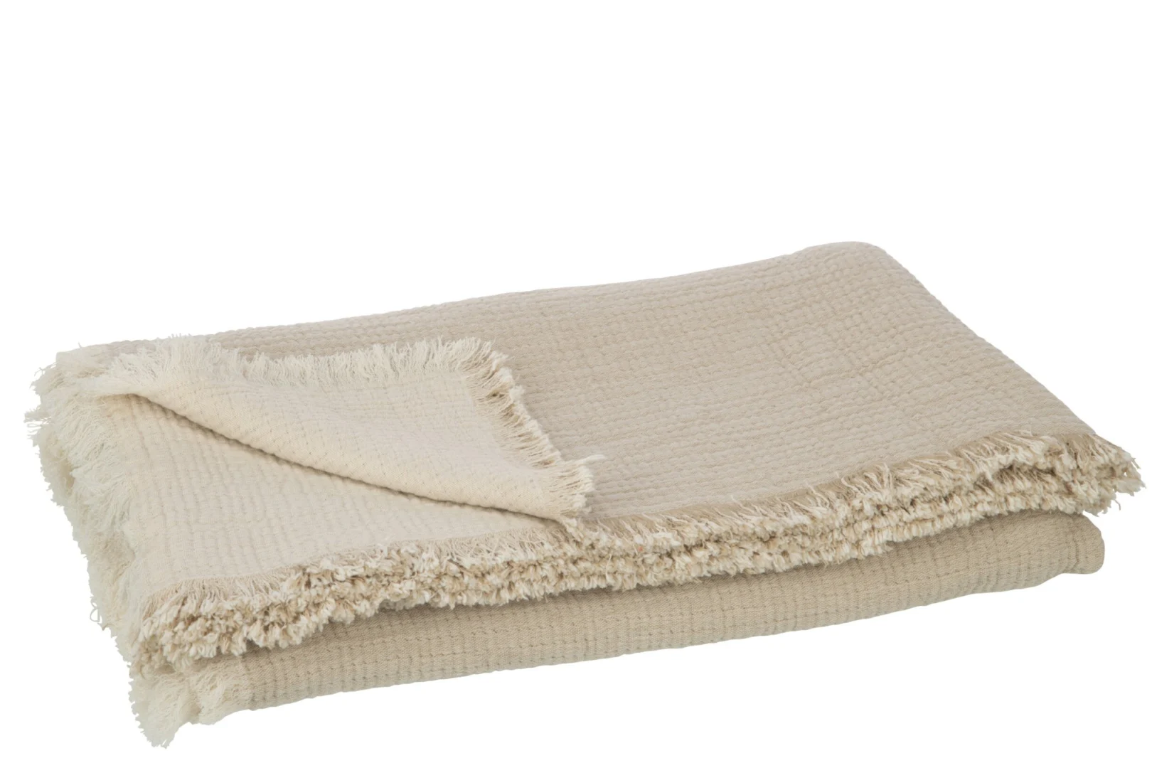Plaid Dokura Beige van katoen met franjes, sfeervol gevouwen in naturel tint