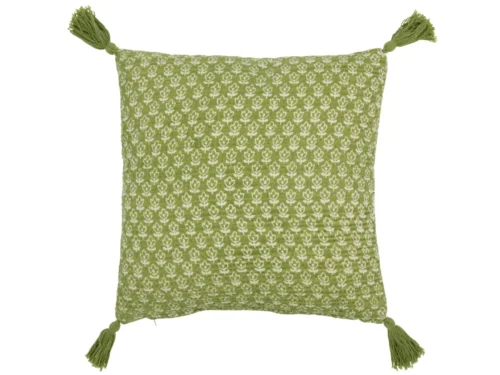 Groen Kussen Jaamik 45x45 cm met bloemprint en kwastjes, decoratief katoenen woonkussen