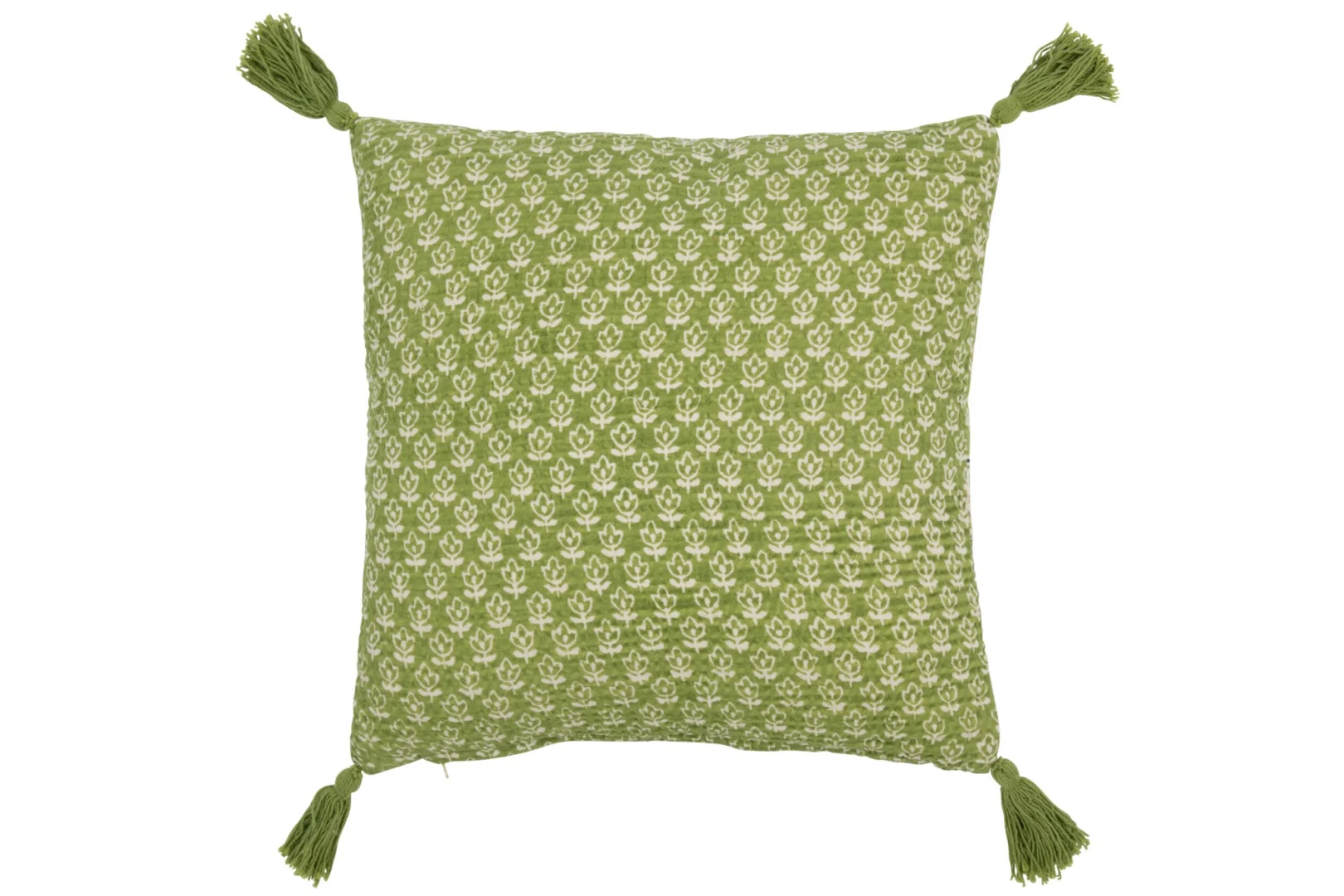 Groen Kussen Jaamik 45x45 cm met bloemprint en kwastjes, decoratief katoenen woonkussen