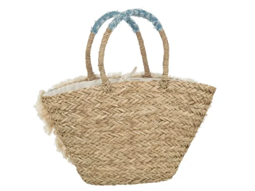 Kunstbloem Rornund zeegras naturel met gevlochten tassenlook en blauwe handgrepen, 59 cm lang