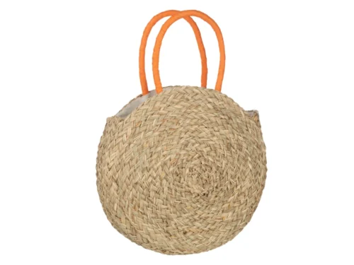 Kunstbloem Daulan zeegras naturel met ronde gevlochten vorm en opvallende oranje handgrepen