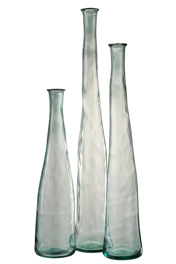 Vaas Pantonte glas transparant H120 cm, slanke hoge designvaas in set van drie, licht en elegant