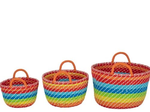 Mand Causkesta Zeegras Meerkleurig set van 3, ronde opbergmanden met handgrepen en regenboogstrepen