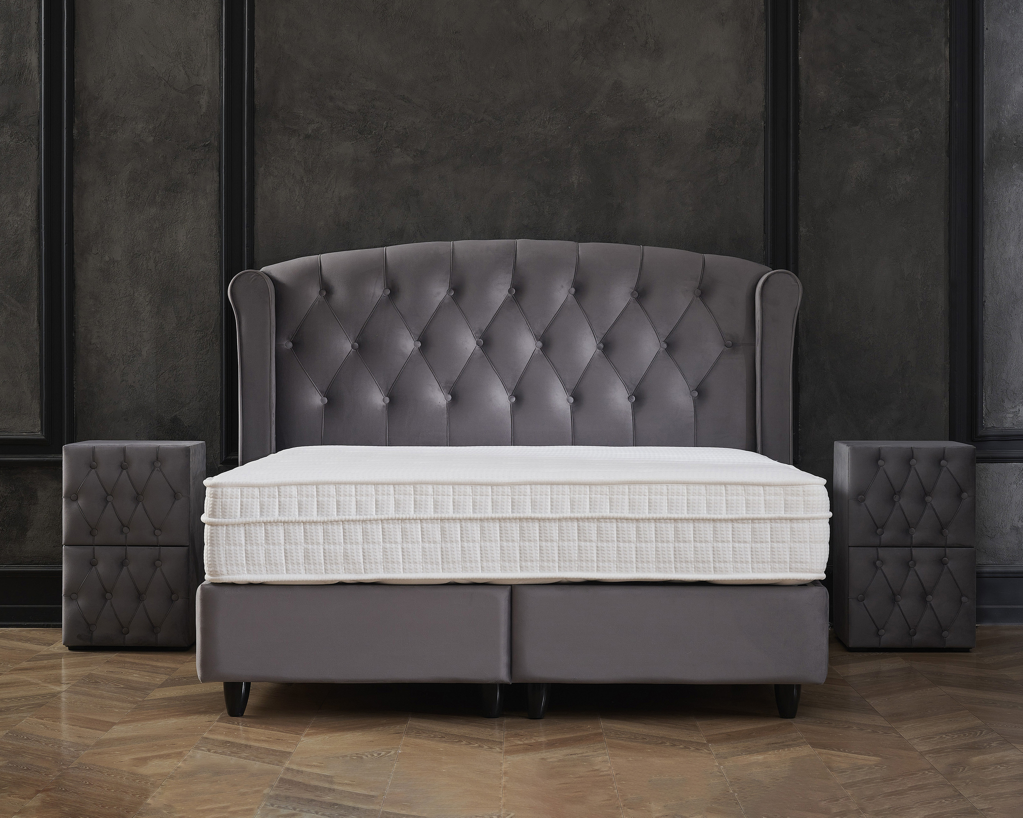 Boxspring Hikora Antraciet met gestoffeerd hoofdbord, matras en opbergboxen in luxe fluweel