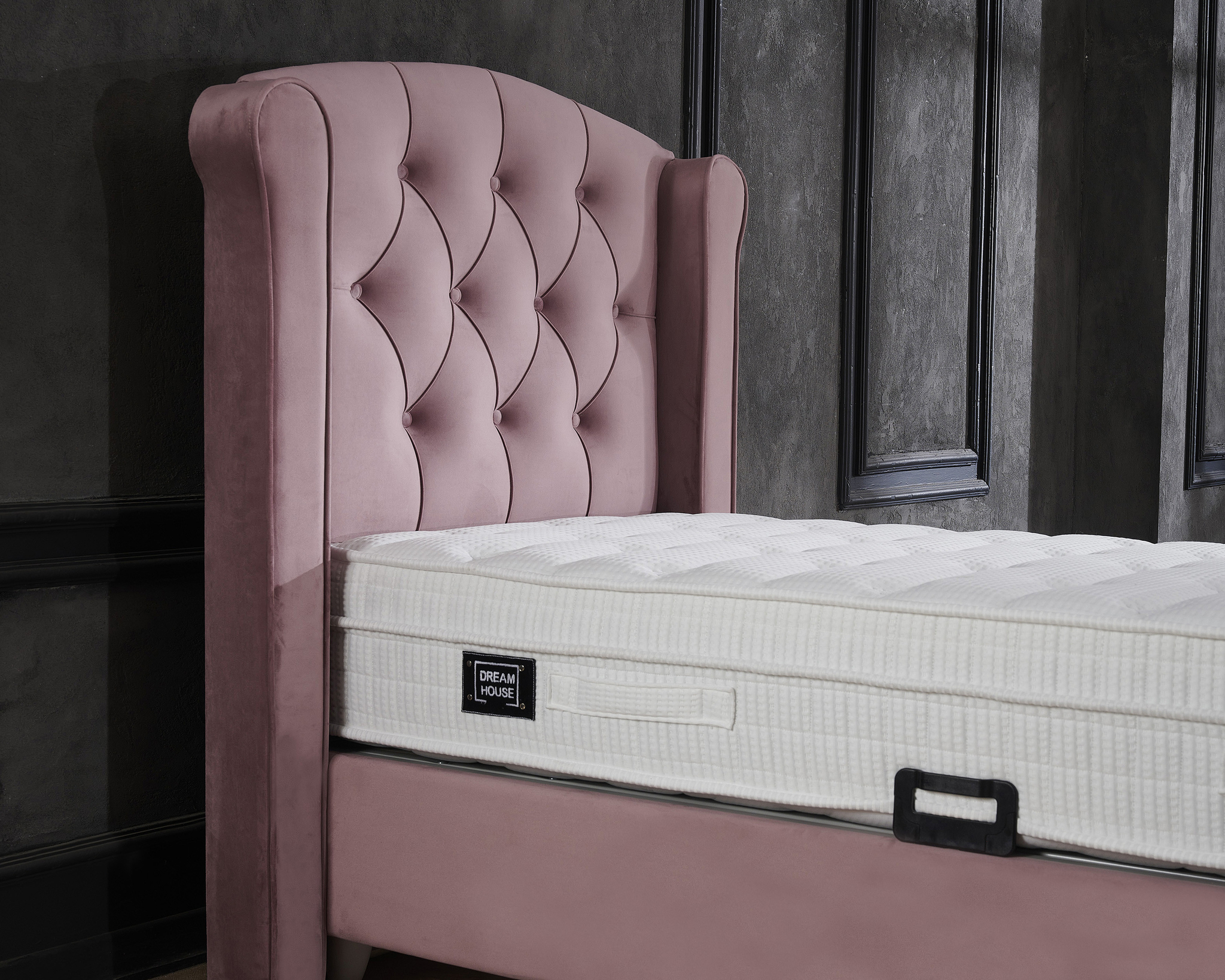 Boxspring Gime Roze 90x200 met fluwelen hoofdbord, matras en opbergruimte