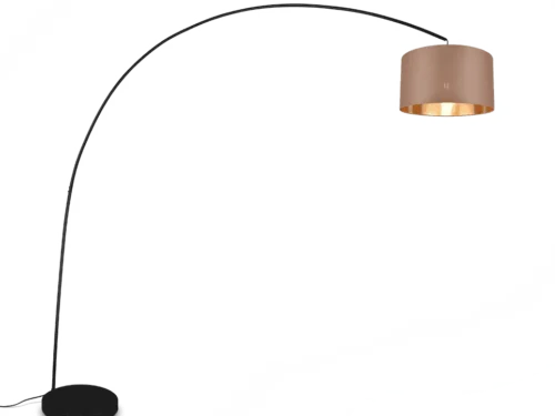 MANSUR vloerlamp mat zwart met gebogen frame en taupe stoffen kap, 210 cm hoog, modern design