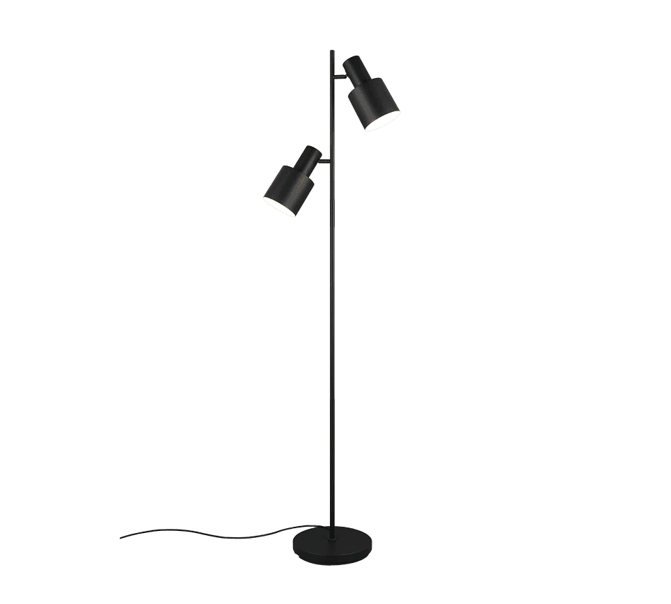Goodis vloerlamp mat zwart, slank metalen ontwerp met 2 verstelbare spotlampen en voetschakelaar, set van 3
