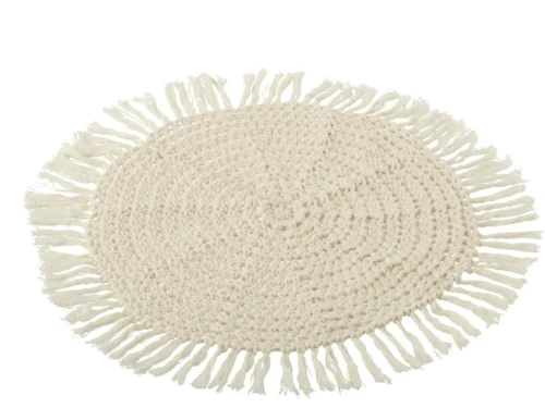 Biendonte beige placemat met ronde geweven structuur en franjes, 38 cm, van katoen en polyester
