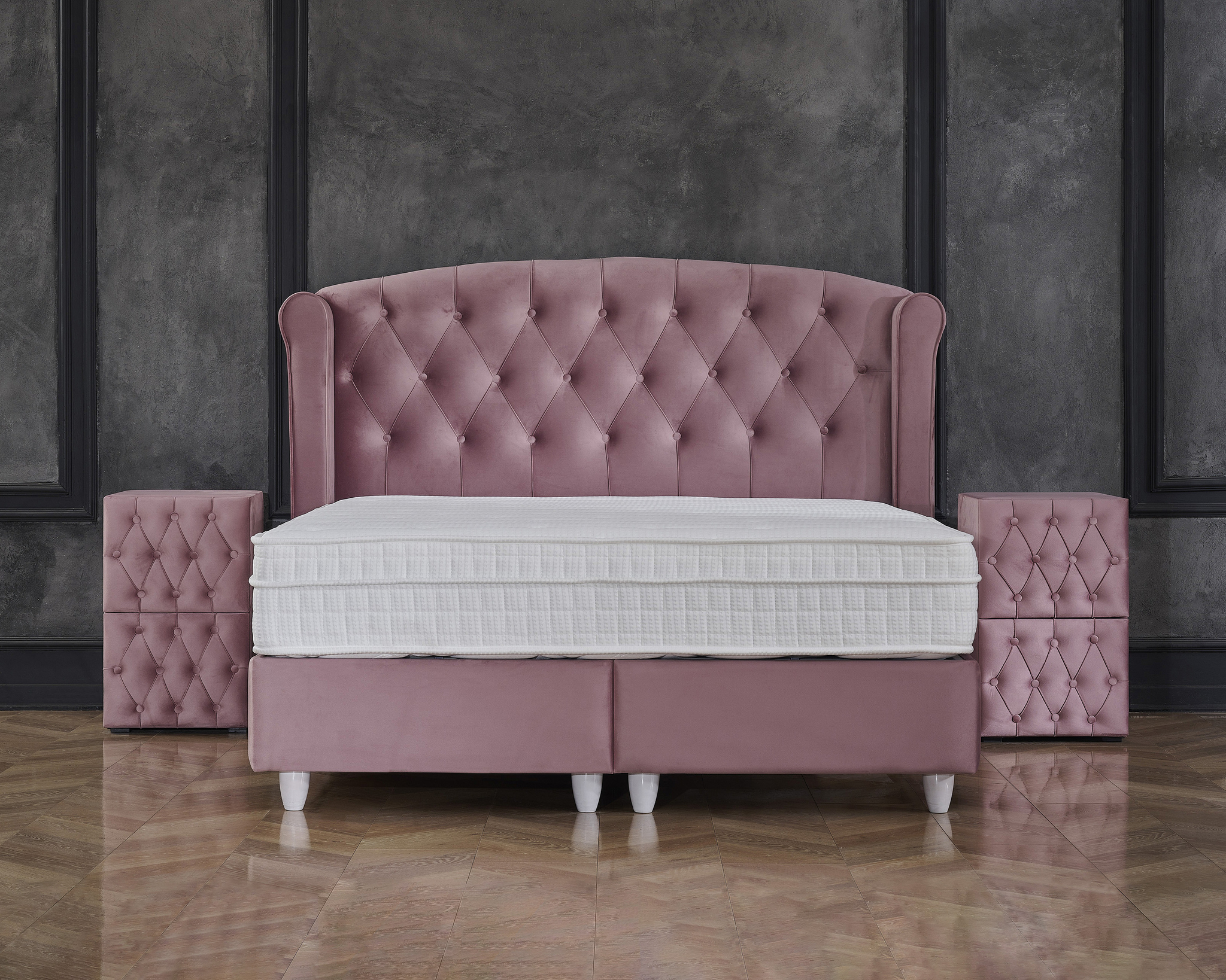 Boxspring Neevone Roze 140x200 met fluwelen hoofdbord, opbergboxen en matras