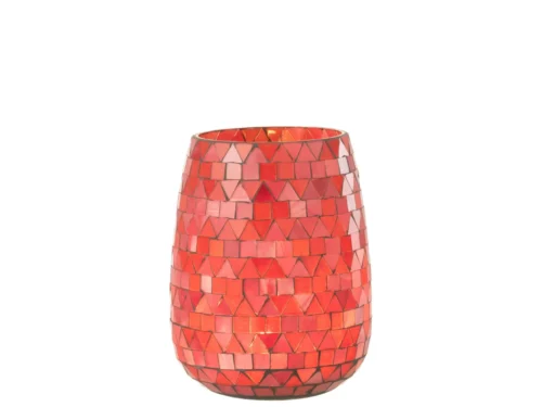 Windlicht Kliedon glas roze H16 cm met mozaïek van driehoekige vormen en warme roodroze tinten