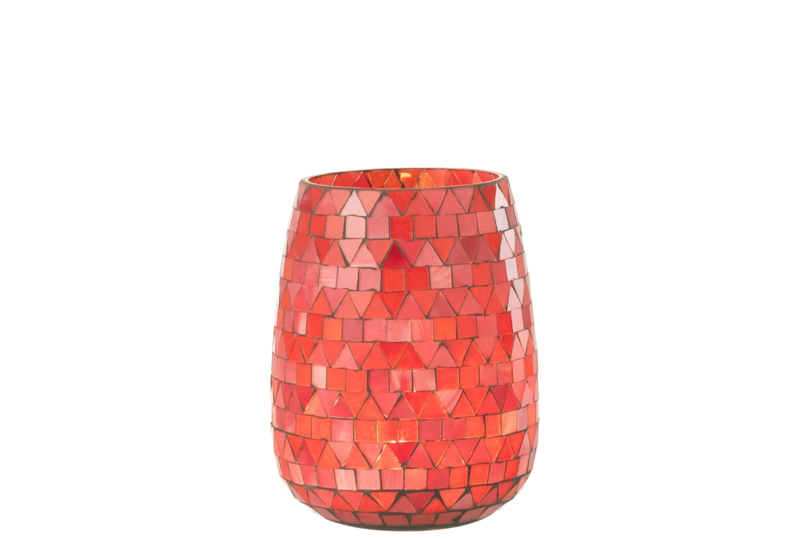 Windlicht Kliedon glas roze H16 cm met mozaïek van driehoekige vormen en warme roodroze tinten