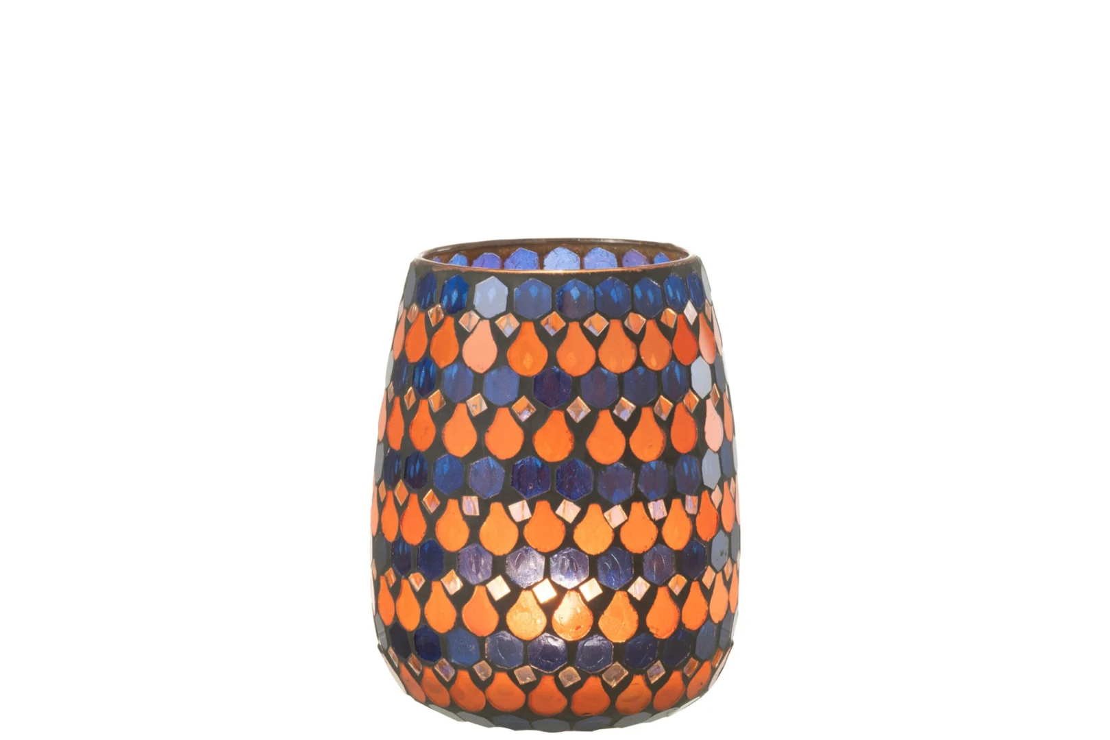 Druppelglas Leirdoro blauw met oranje mozaïekpatroon, decoratieve middelgrote glazen kaarsenhouder