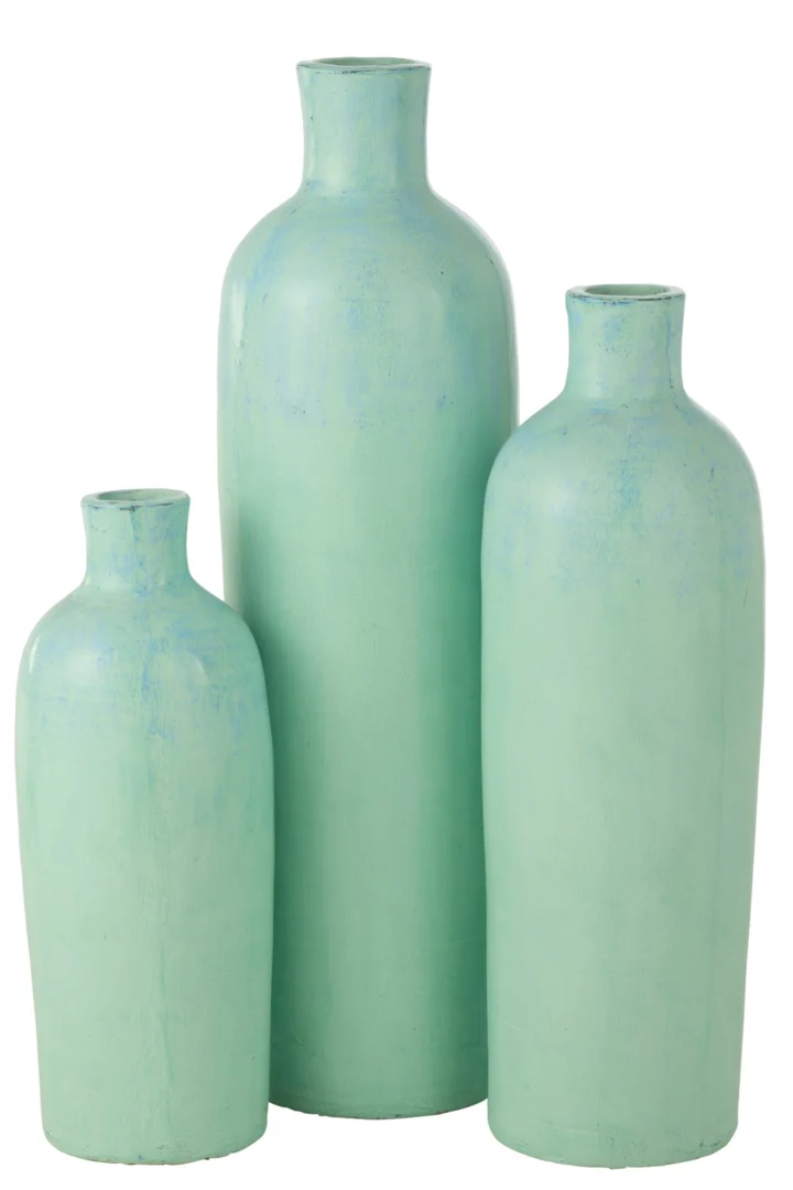Set van drie blauwe Gaater cement vazen met slank silhouet, decoratieve woonaccessoires in verschillende hoogtes