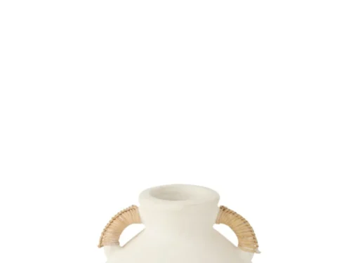 Vaas Danun wit terracotta met rotan handgrepen, organische vorm en natuurlijke uitstraling, H30 cm