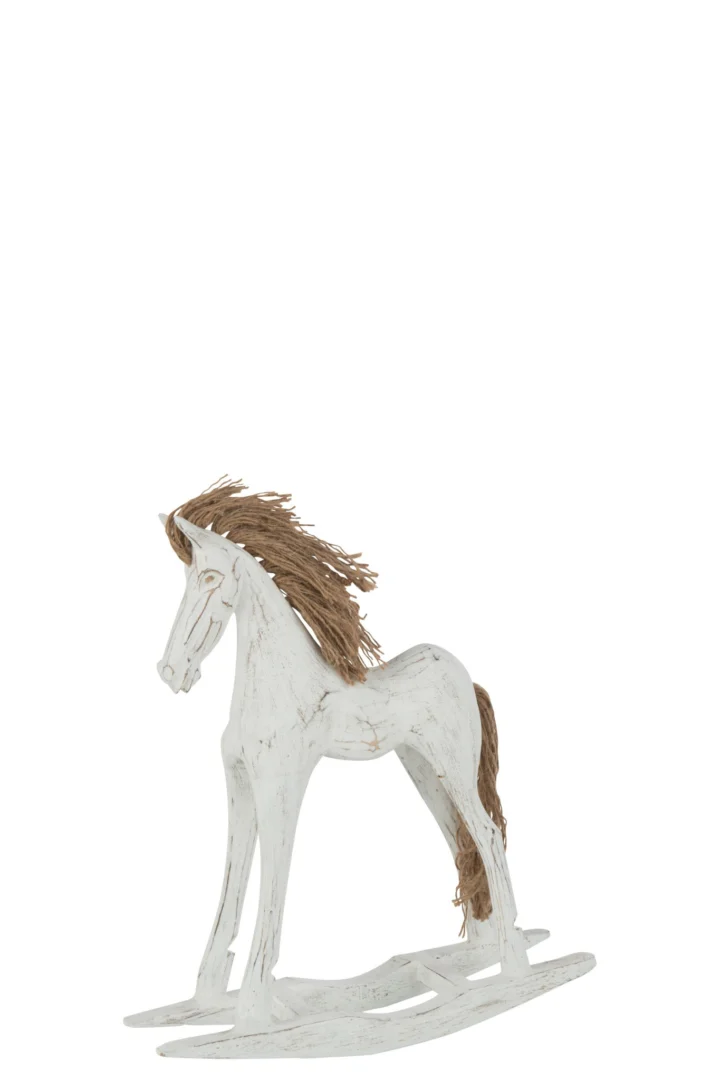 Woonaccessoire Dallas schommelpaard in wit Albizia hout met bruine manen, decoratief en compact
