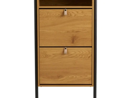 Schoenenkast Grinund Naturel 62 cm met eikenlook, zwart stalen frame en twee kleppen