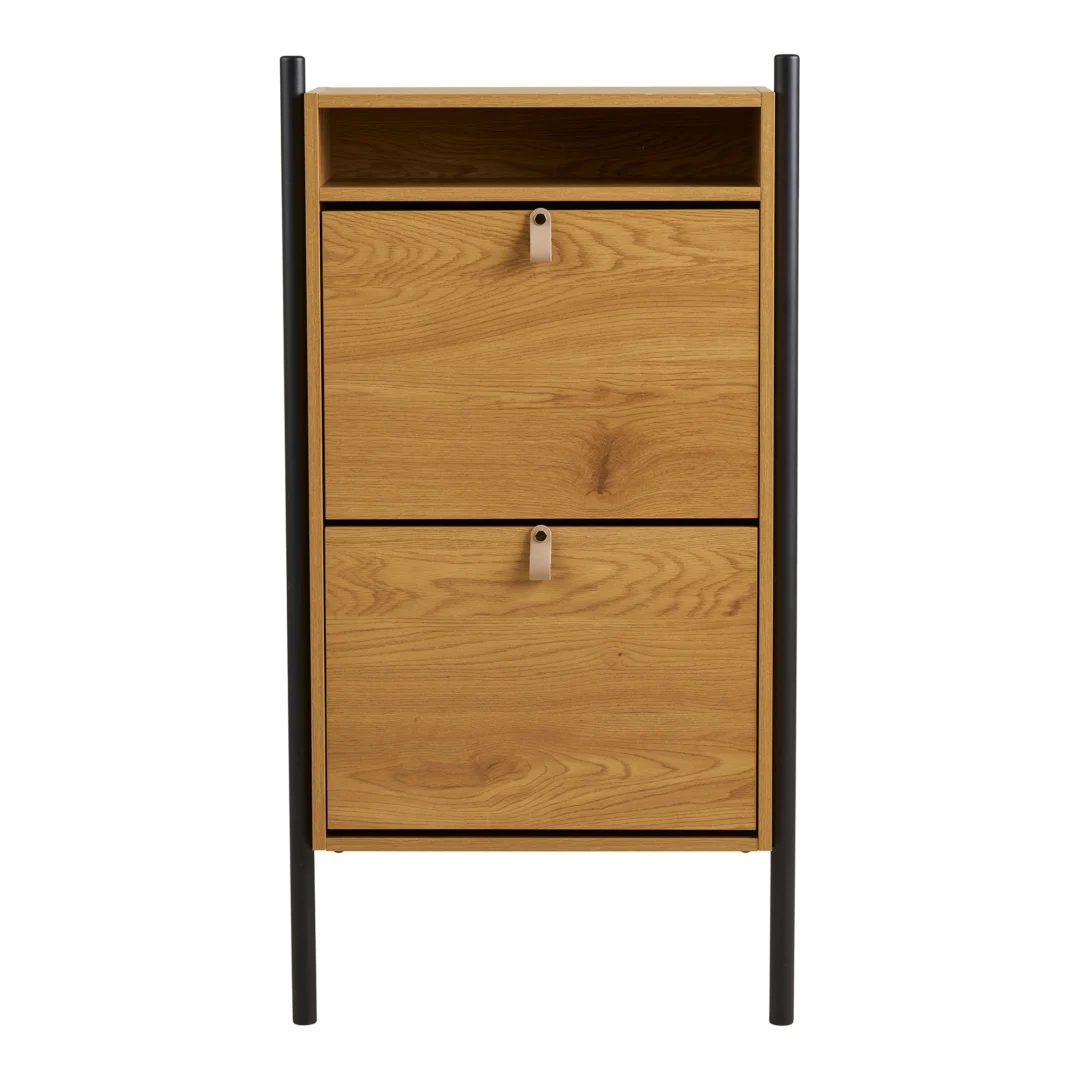 Schoenenkast Grinund Naturel 62 cm met eikenlook, zwart stalen frame en twee kleppen