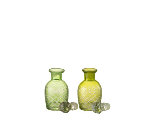 Karaf Leennaro glas groen set van 2 met decoratief reliëf en compacte ronde vorm