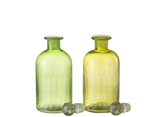 Karaf Grintu Glas Groen set van 2 met elegant silhouet en bladmotief, in lichtgroen en geel glas