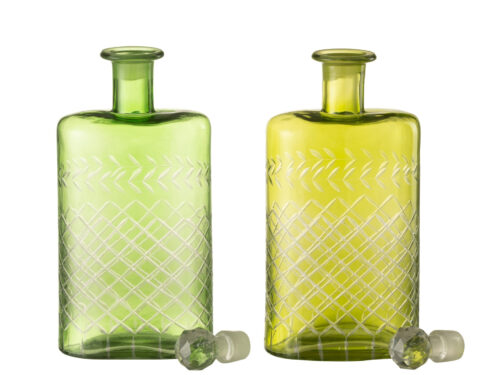Karaf Dutonte glas groen set van 2 met slanke vorm en gegraveerd patroon, decoratief woonaccessoire