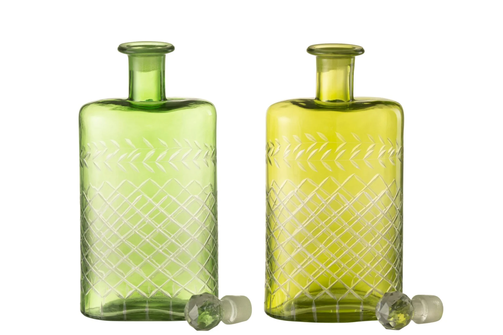 Karaf Dutonte glas groen set van 2 met slanke vorm en gegraveerd patroon, decoratief woonaccessoire