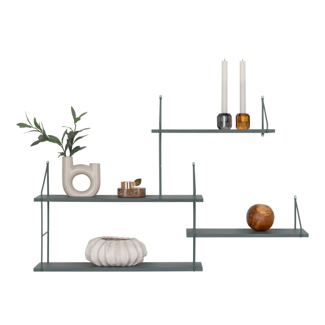 Wandrek Tweed van groen staal en paulowniahout met vier planken voor woonaccessoires en decoratie