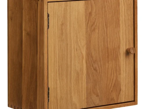 Wandplank Noormer eiken 30 cm, compact wandkastje met naturel hout en deur voor extra opbergruimte